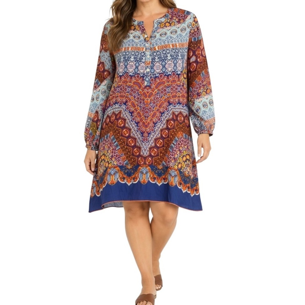 Soft Surroundings Mosaic Print Tunic Dress L Multicolor Cupro Rayon Knee Length